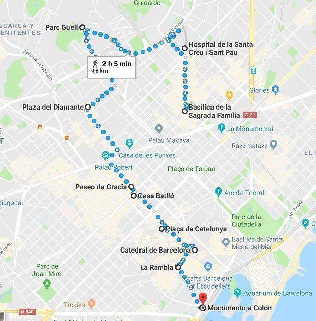 Mapa de la ruta del primer día del Barcelona en 3 días