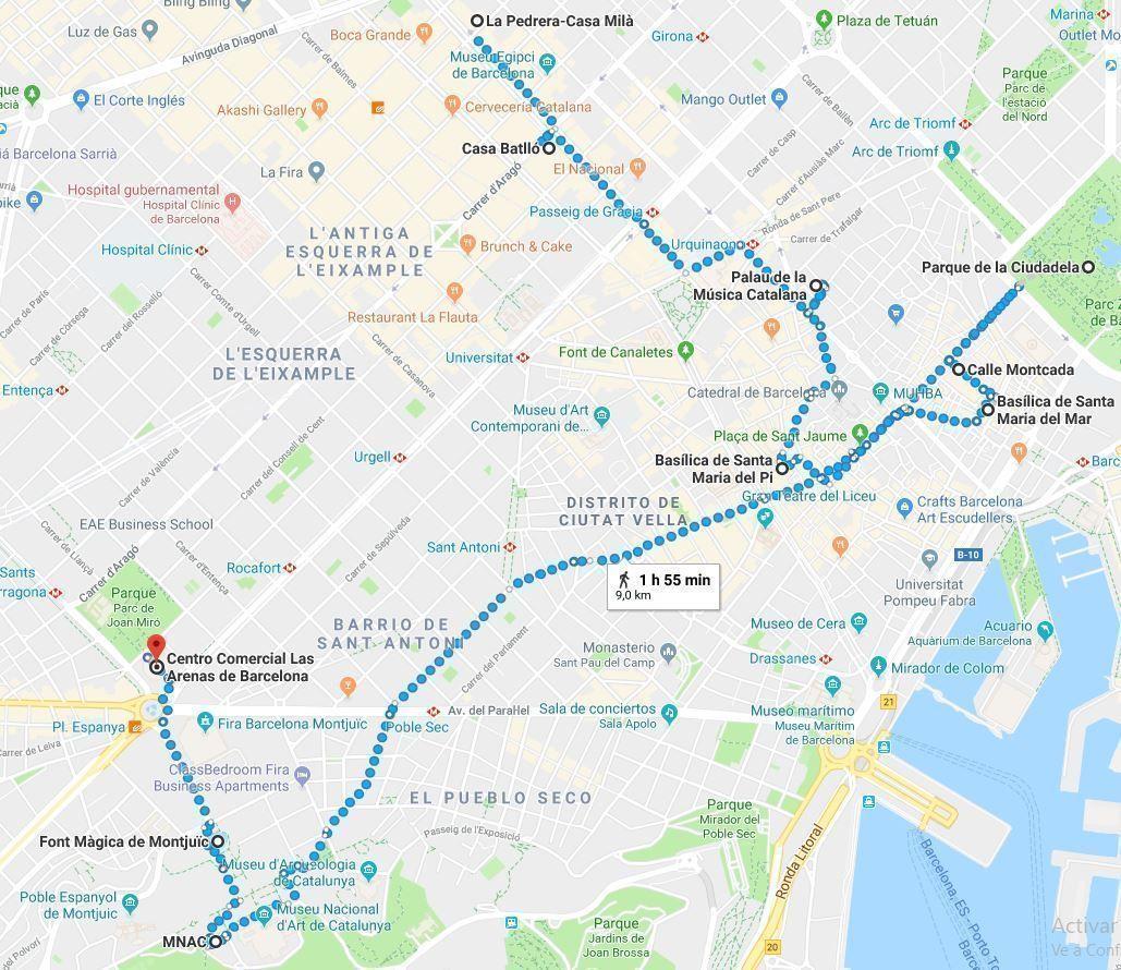 Mapa de la ruta del segundo día en Barcelona